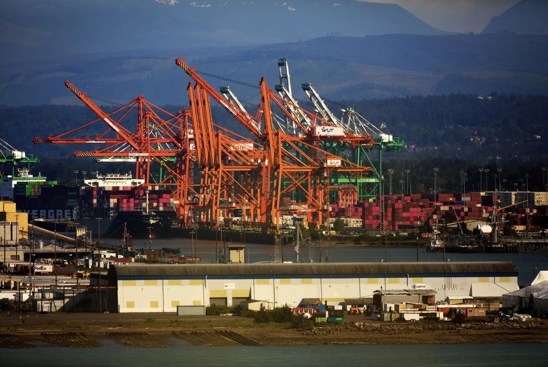 Grues portuaires au crépuscule devant des navires de fret